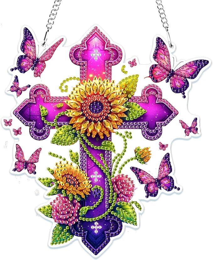 MOGTAA Easter Hanging Diamond Art Pendant Kits, 5D Cross Flowers Diamond Painting Kits for Adults, DIY Butterfly Diamond Painting Kits Special Crystal Gem Art for Home Decor