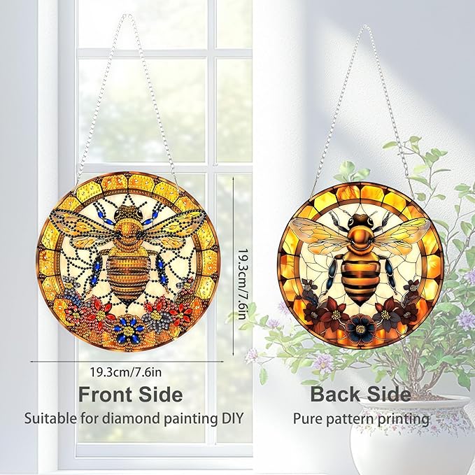 TOSTOG Diamond Art Hanging Kits for Adults, 5D Diamond Painting for Adults Window Pendant, Special Shape Diamonds DIY Bee Flowers Diamond Painting Hanging Pendant Kit for Wall Decor Gift