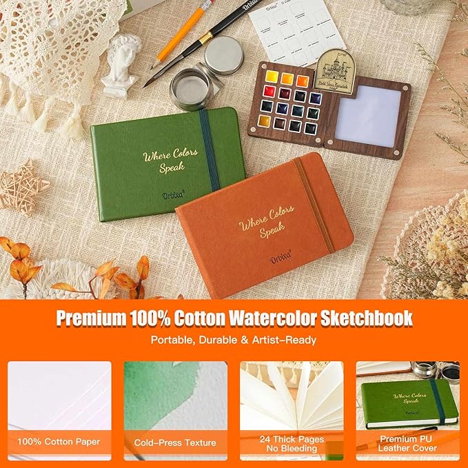 Orbixa Mini Watercolor Travel Set, 15 Artist-Grade Colors in Solid Walnut Palette, 100% Cotton Sketchbook, Water Brush, Water Cup & PU Leather Case — Portable Painting Gift for Artists (Cosmic Orange)