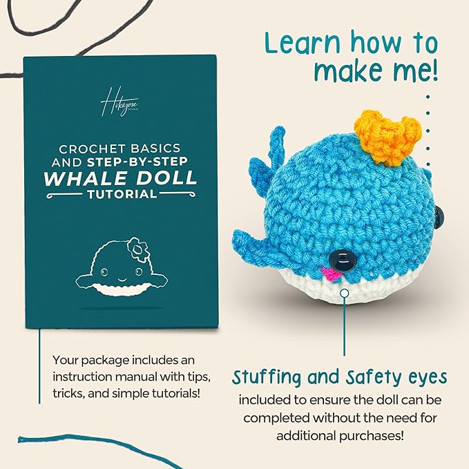 Hikiyose Crochet Kit for Beginners Adults - Crochet Accessories with 12 Soft Crochet Yarn Set, 9 Hooks, Storage Bag, Blue Whale Video Tutorial - Easy Crochet Kit for Beginners Kids, Hobbies for Women