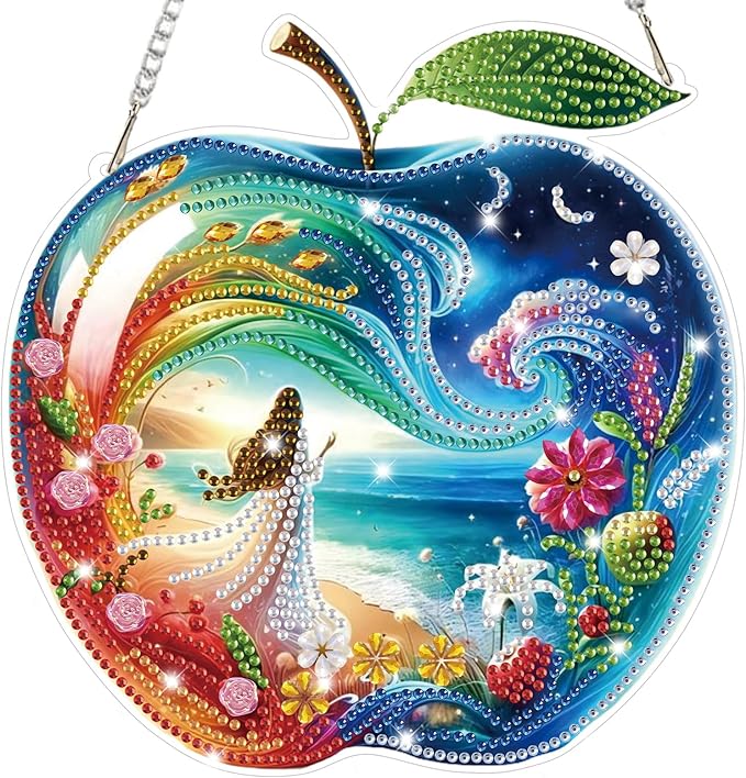 Bowetile Dreamy Apple Diamond Art Hanging Kits for Adults, Diamond Art Suncatchers Beach, 5D Special Shape Diamond Painting Fariy Pendant Window Ornament Gifts for Home Decor