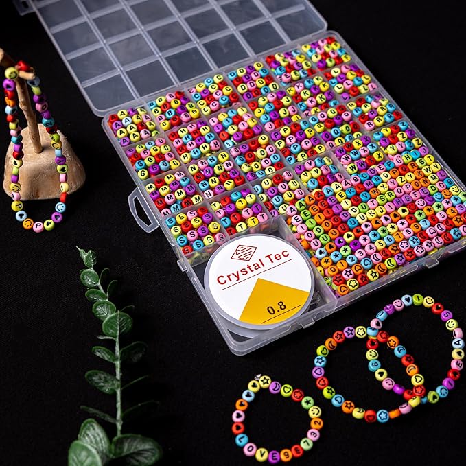 nikkiGuo 1250 PCS Letter Beads Kit with Elastic Cord – Alphabet A–Z, Numbers, Heart, Moon, Star, Smiley Beads for Friendship Bracelets & DIY Jewelry (Colorful Beats & Black Letters)