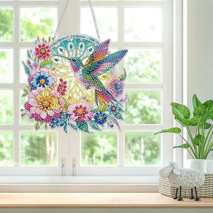 Bowetile Bird Diamond Art Hanging Kits for Adults, 5D Special Shape Diamond Painting Flowers Pendant Kits, Animal Gem Art Suncatchers Painting Ornament for Home Garden Wall Decor