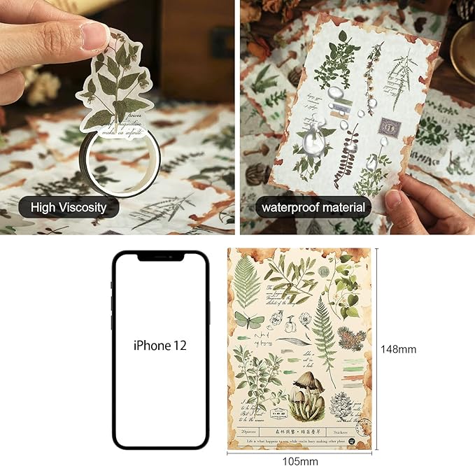 Dizdkizd Plant Themed Washi Stickers for Journaling Scrapbooking Planner Sticker Ephemera Sticker Book Junk Journal Stickers for Adults - 20 Sheets (180 Pieces)