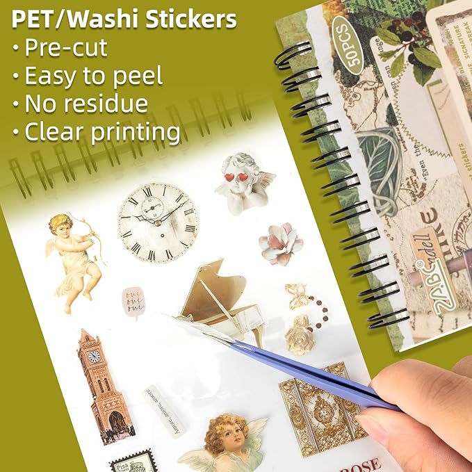 Uideyvi Morning Series Sticker Scrapbooking Supplies for Junk Journal, 25 Sheets Washi Stickers and 25 Sheets PET Stickers(TZ-010-002)