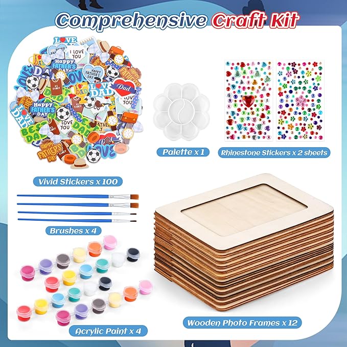 Fovths 12 Packs Father's Day Picture Frame Painting Craft Kit Wooden DIY Photo Frame for 4 x 6 inch Photo with 100 Stickers Rhinestone Stickers 4 Brushes Set for DIY Paint and Decorate