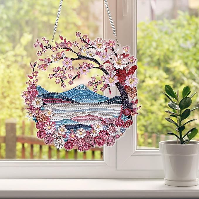 HEIBAGO Landscape Diamond Art Hanging Kits for Adults, Diamond Art Suncatchers, 5D Special Shape Diamond Painting Pendant, DIY Window Ornament Gifts for Home Garden Door Wall Decor 8.3 x 8.3 Inch