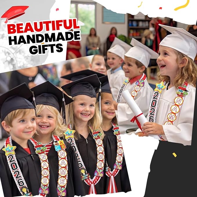 Juexica Kindergarten Graduation Ribbon Leis Class of 2026 Braided Necklace Making Kit with Alphabetic Decorative Cards Preschool Kids Grad Graduation Party Gifts(Red, White)