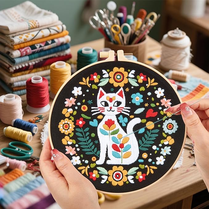 Animals Hand Embroidery Kits for Beginners Adults, Flowers Cat Embroidery Starter Kits, Cross Stitch Kits for Beginners Needlepoint DIY Kits for Adults, 2 Embroidery Hoops【Full-length Video Tutorial】