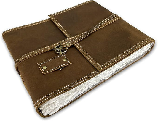 Wanderings Brown Leather Watercolor Journal - 8x10 - Genuine Leather Art Journal with Handmade Deckle Edge Paper - 350 GSM Cold Press Paper - Scrapbook, Watercolor Album, Sketchbook, Drawing Pad