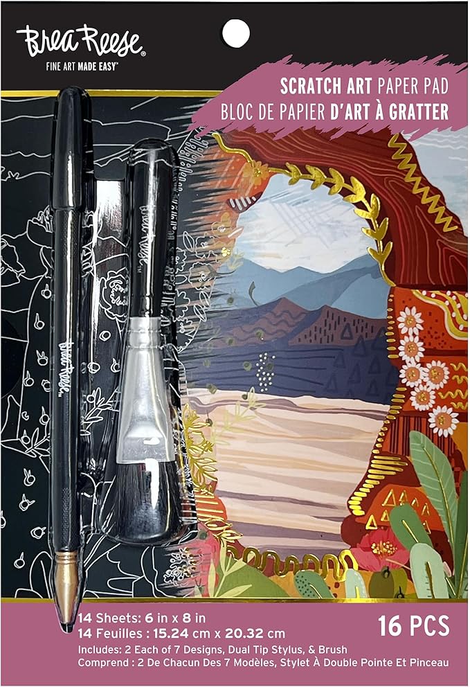 Brea Reese: Scratch Art Paper Pad - Arches & Canyons - 14 Sheets, 7 Guided Art Designs, Metallic Accents, Stylus & Brush, 6x8 Pages, DIY Adult Craft