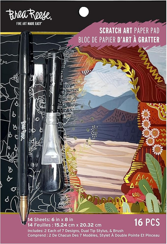 Brea Reese: Scratch Art Paper Pad - Arches & Canyons - 14 Sheets, 7 Guided Art Designs, Metallic Accents, Stylus & Brush, 6x8 Pages, DIY Adult Craft