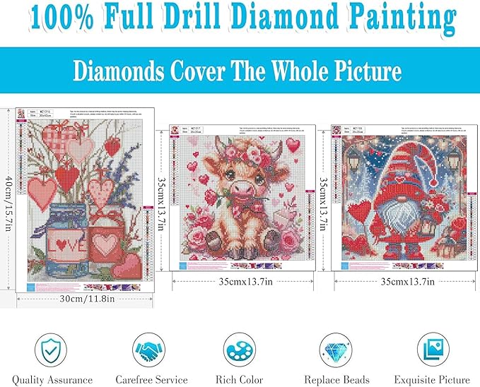 3 Pack Diamond Art Kits for Adults, Valentine's Day Diamond Painting Kits for Adults, 5D DIY Gem Art Paint With Diamonds Dots Crafts Kits for Home Decor Gift 12x16in/14x14in (Gnomes Cow and Flowers)