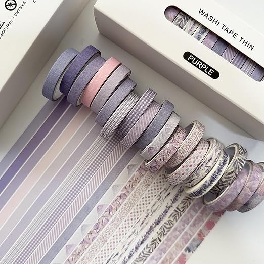 YUBX Vintage Washi Tape Set 20 Rolls Skinny Retro Decorative Antique Patterns Masking Tapes for Arts, DIY Crafts, Journals, Planners, Scrapbook, Wrapping (Purple)