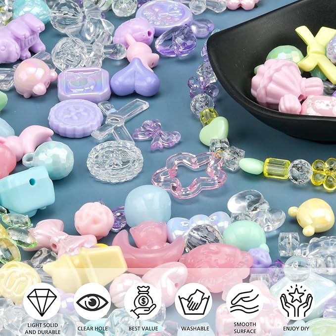 ABONDEVER 245-300Pcs Assorted Acrylic Beads for Bracelets Making Cute Star Bow Flower Candy Heart Gummy Bear Butterfly Aesthetic Beads for DIY Jewelry Crafts Keychain Necklace Phone Charms(5 Colors-A)