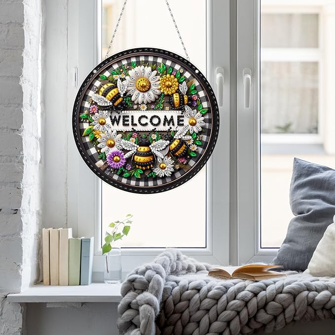 Generic DIY Hanging Diamond Pendant Special Shaped Crystal Diamond Art Painting Ornament Single Sided for Window Home Garden Wall Door Decor-Bee Daisy