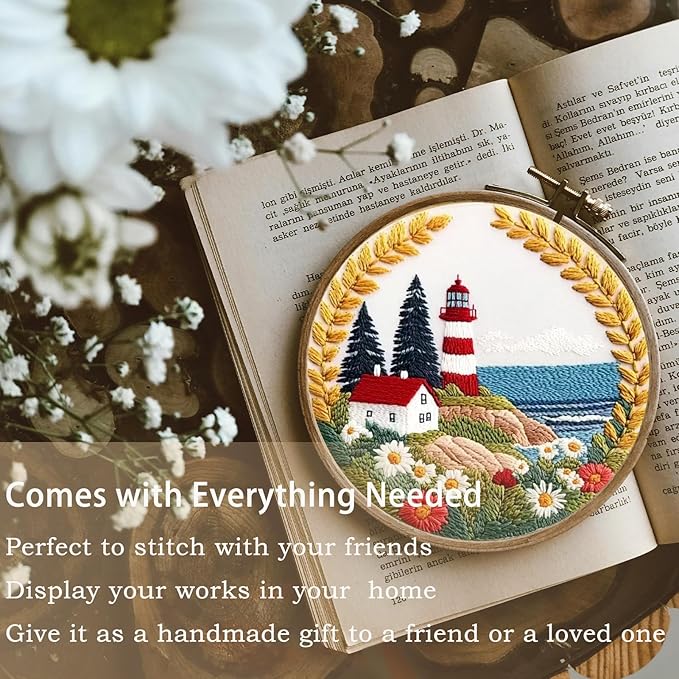 FONNUY Embroidery Kit for Beginners, Lighthouse Landscape Flowers Pre-Stamped Pattern Kits for Adults with Hoop, Easy to Follow Color Thread Needlework, 8'' Hoop (Daisy)
