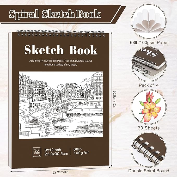 4 pack sketch book, 9 x 12 inch sketchbook, 68lb/100gsm top spiral bound sketch pad, acid free art supplies drawing painting sketching paper for kids, beginners, artists (tan)