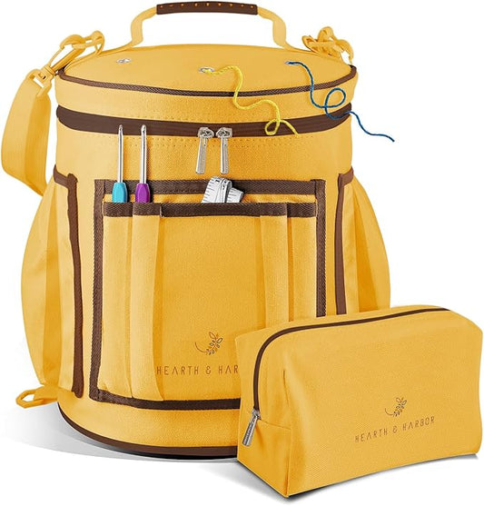 Hearth & Harbor Crochet Bag Organizer – Durable Knitting Bag, Yarn Organizer for Accessories and Supplies, Canvas Yarn Holder, Crochet Carrying Case with Accessories Pouch, Storage Organizer –Mustard