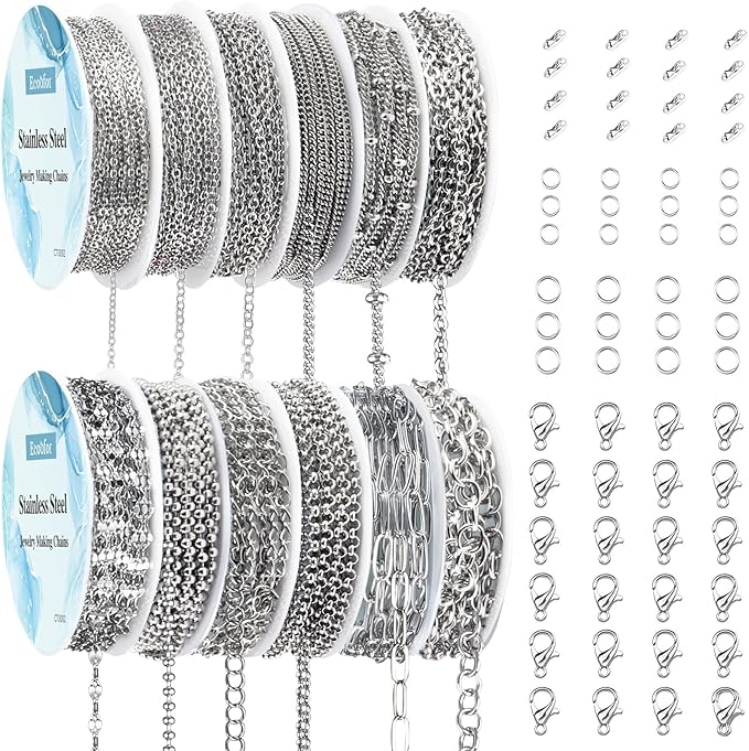 ecoofor necklace chain for jewelry making, 95.1 feet 12 rolls stainless steel jewelry chains for diy necklace bracelet making with stainless steel jump rings/lobster clasps/connectors