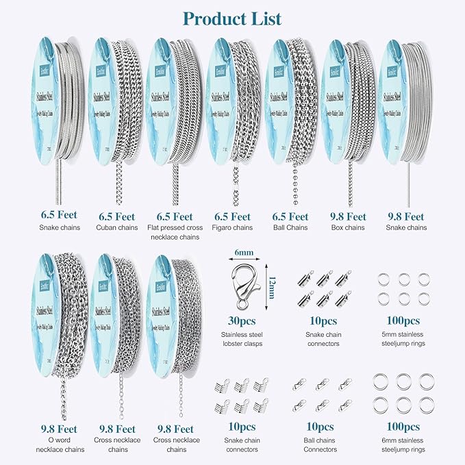 ecoofor necklace chains for jewelry making, 82 feet 10 rolls stainless steel jewelry chains for men women diy necklace bracelet jewelry with jump rings/lobster clasps/connectors