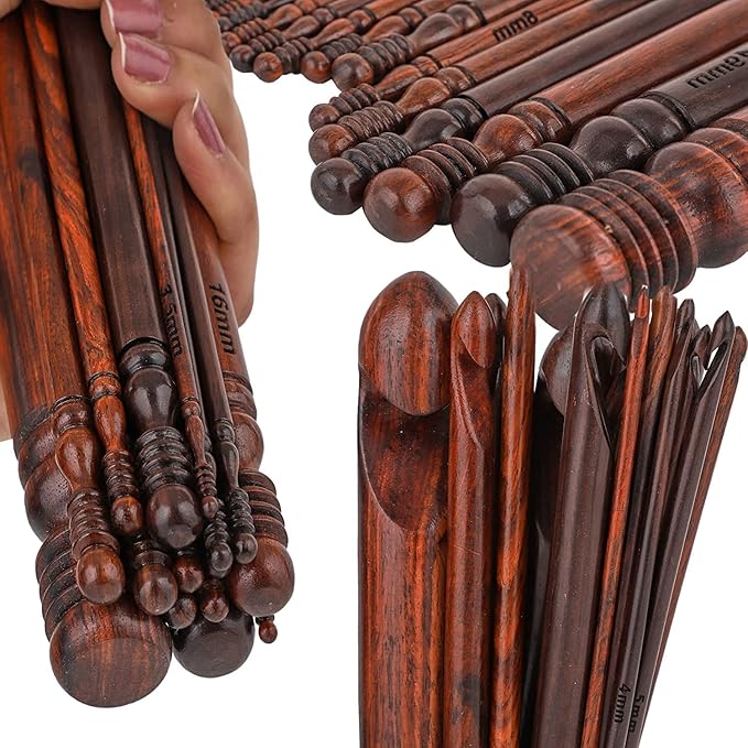 Wooden Crochet Hooks Set (15 pcs, 3.5mm(E) to 25mm(P) - Engraved Rosewood Knitting Needles for Crocheting and Knitting, Crochet Hooks Ergonomic Soft Grip Handle