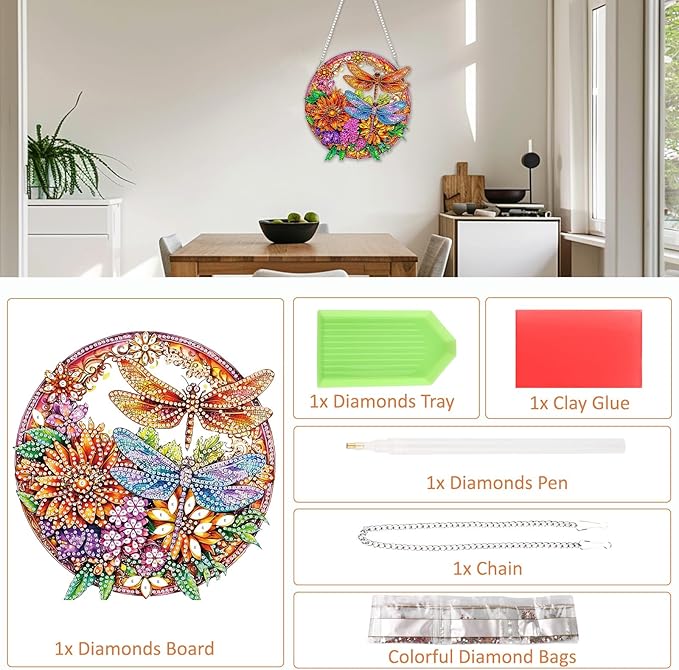 SENQAO Dragonfly Diamond Art Hanging Kit for Adult, Special Shaped Rhinestone, DIY Acrylic 5D Diamond Art Painting Window Pendants Home Garden Wall Hanging Kits Hanging Ornament