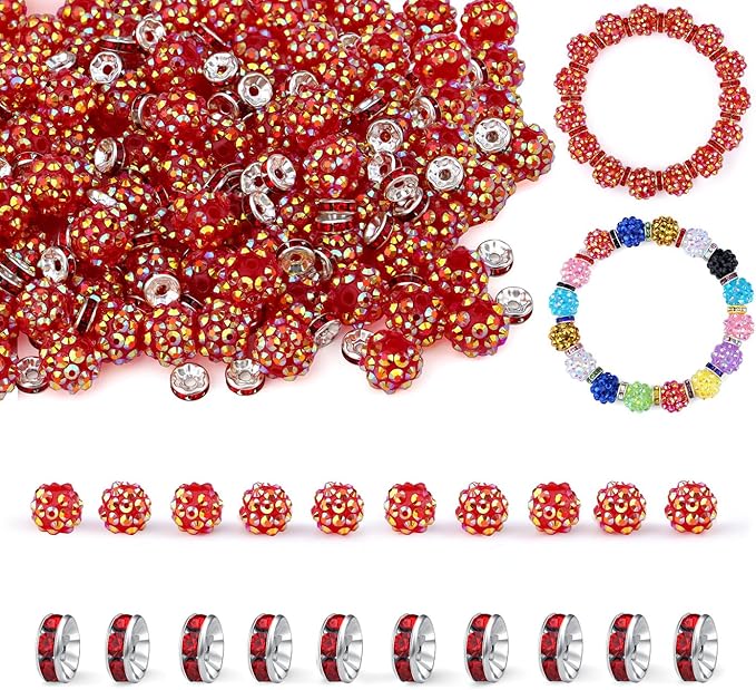 LAIDANLA 250pcs 12mm Red Rhinestone Beads and 8mm Rondelle Spacer Beads for Beadable Pens, Sparkly Shamballa Disco Baseball Bead for Jewelry Making Bracelets Necklace Earring DIY Craft