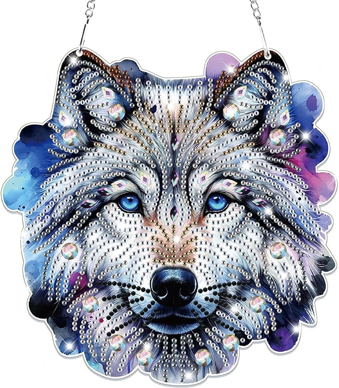Bowetile Wolf Diamond Art Hanging Kits for Adults, 5D Special Shape Diamond Painting Animals Kits, Animal Gem Art Suncatchers Painting Pendant Ornament for Home Garden Wall Decor