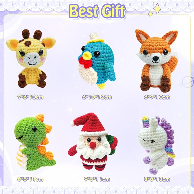 ZSDSZDZY 6Pcs Crochet Kit for Beginners, DIY Craft for Adults, Great Gife for Crochet Lovers, Crocheting Animal Kits with Step by Step Videos,Yarn,Crochet Hook,Birthday, Holiday Gift