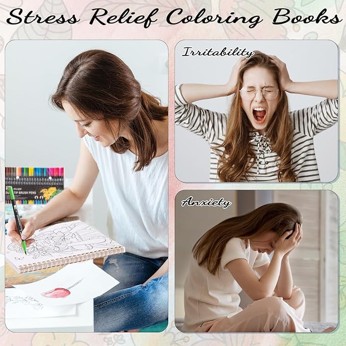 7×8.2in Adult Coloring Book Set for Relaxation, Spiral Bound Coloring Book for Women with 24 Colors Markers, Mindfulness Stress Relief 32 Patterns for Adults, Teens, Easter Gift
