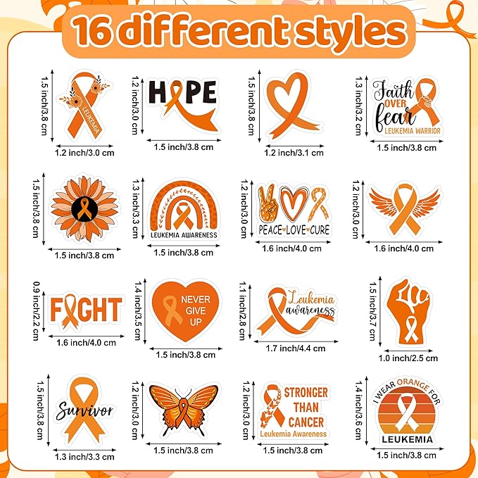 beyumi leukemia awareness orange sticker - 1000pcs in 2 rolls leukemia themed sticker with various shapes waterproof vinyl orange ribbon decals for school event campaign laptop bottle decor kids teens