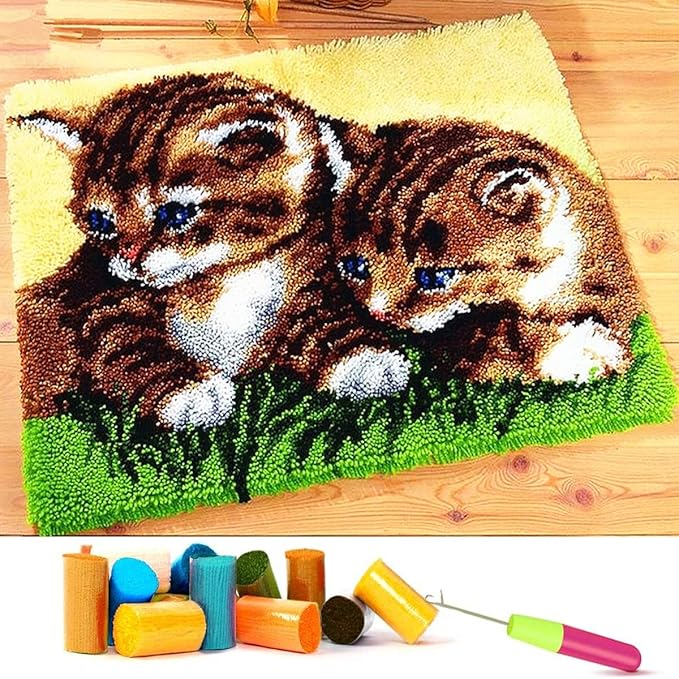 Latch Hook Kits for Adults - DIY Latch Hook Rug Kits, Crochet Kit for Beginners, Rug Making Kits with Printed Canvas, Gift Packaging. (Two Grass Cats, 16x21 inch)