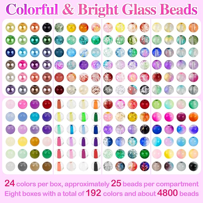 XSEINO 192 Colors 4800pcs 8mm Dream Candy Colorful Series Glass Beads Bracelet Making Kit,8 Box Different Unique Styles Crystal Bead for Making and DIY Crafts