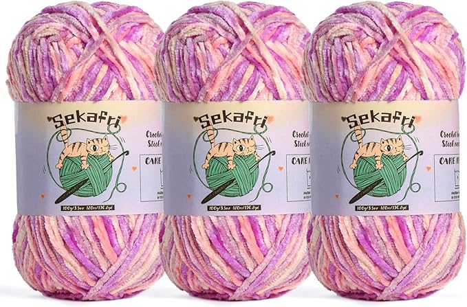 3 Pack of 300g (590yds) Fuzzy Chenille Yarn for Crocheting,Fluffy Amigurumi Crochet Yarn for DIY Craft/Hat/Clothes, Soft Velvet Baby Blanket Yarn（3 Pinkish Purple）