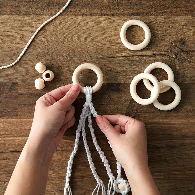 Bright Creations Set of 50 Wooden Beads and 30 Rings for Macrame, DIY Pendant Connectors, Wall Hanging Craft (2.2 in/20mm)