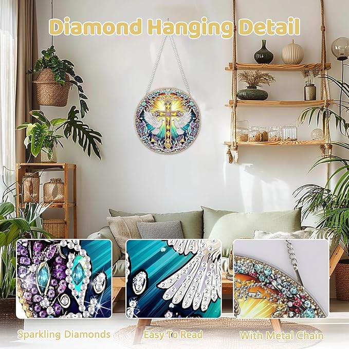 MEIYUDA Cross Diamond Painting Pendant Kits, DIY Round Cross Diamond Art Window Hanging Ornament for Adults, 5D Special Shape Rhinestone Pendant for Home Decoration
