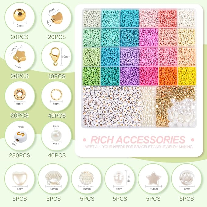 3mm Glass Seed Beads for Bracelet Jewelry Making 24 Colors Bracelet Making Kit for Girls Adults DIY Friendship Bracelets Kits with Letter Beads