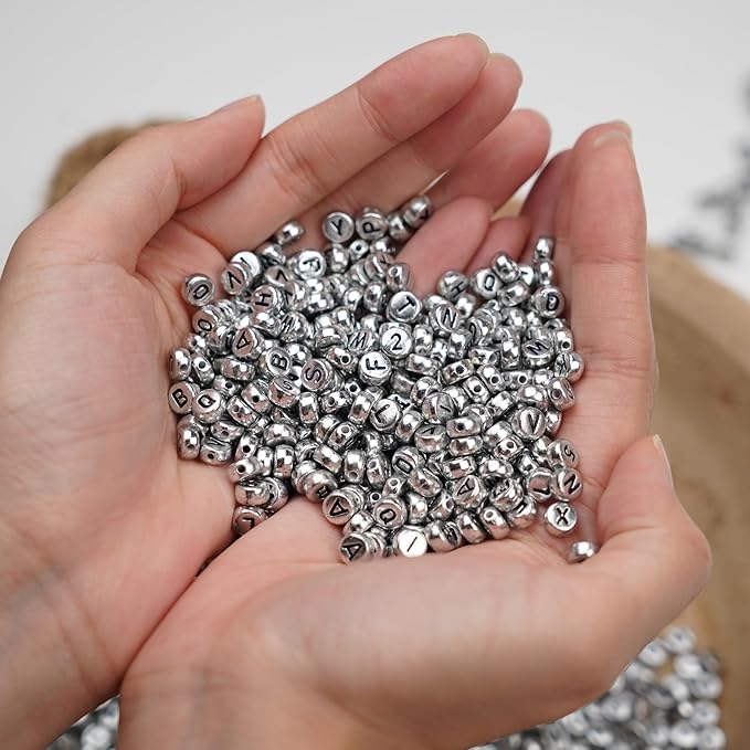 Melius Acrylic Silver Letter Beads, 1450 Pcs 4x7mm Round Alphabet Beads in 28 Grid Box for Jewelry Making, DIY Bracelets, Necklaces, Key Chains, Bracelets