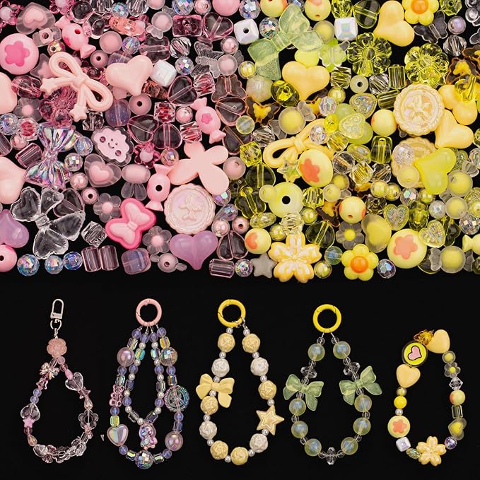 LAIDANLA Pink and Yellow Assorted Acrylic Beads for Bracelets Jewelry Making, Aesthetic Cute Beads Flower Star Heart Bow Butterfly Bear Candy Random Mix Beads for DIY Necklace Keychain 160g