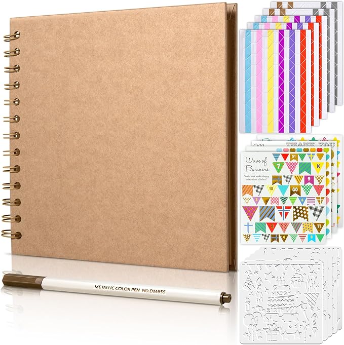 GOTIDEAL 7 x 7 Inch Scrapbook Album with Metallic Markers,40 Pages Kraft Paper Photo Albums for Wedding&Anniversary,Family DIY Scrap Books with Scrapbooking Stickers Corners(Yellow)