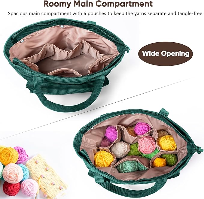 Large Yarn Tote Organizer – Corduroy Knitting Storage Holder for Yarn, Hooks & Accessories, Portable Craft Carryall for Crocheting Lovers, Mother’s Day Gift