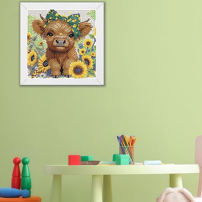BYGFHLYW Cow Diamond Painting Kit for Kids with Frame, Animals Diamond Art for Kids Ages 8-12, Full Drill Cute Diamond dot Big Gem Art Kits for Children Beginners Home Wall Art Decor 7X7 inch