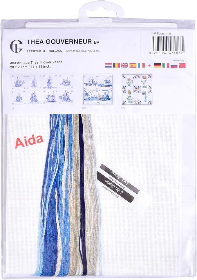 Thea Gouverneur - Counted Cross Stitch Kit - Antique Tiles Flower Vases - Aida - 18 Count - Embroidery Kit for Adults - DMC Embroidery Threads and Other Cross Stitch Supplies Included - 483A
