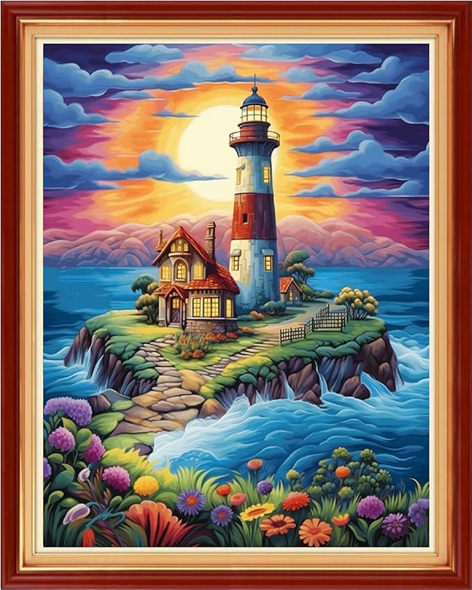 dimxvean stamped cross stitch kits,cross stitch kits for adults beginners,embroidery kits full range of cross stitch stamped kits needlepoint kits cross stitch patterns-seaside lighthouse 16x20 inch