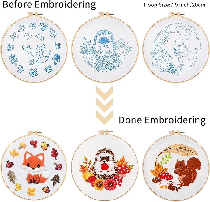 Louise Maelys 3 Set Animal Embroidery Kits for Beginners with Autumn Squirrel Hedgehog Fox Pattern,Adults Starter Cross Stitch Kit DIY Needlepoint