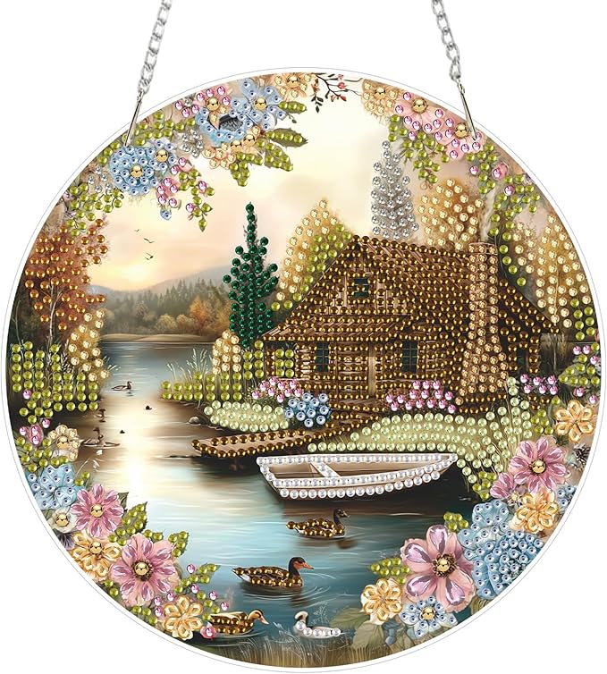Lxmsja DIY Rustic Log Cabin Diamond Painting Hanging Ornament, Double-Sided Acrylic Serene Nature Diamond Art Kit, Special Shaped Suncatcher Hanging Pendant Window Art Kit