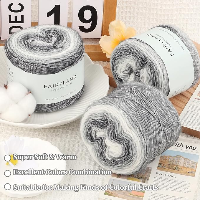 Aeelike Gradient Yarn for Crocheting, 6 Skeins Cake Yarns Fairyland Yarn 100g (3.52 oz) 245m (267 Yards) # 3 Light Weight - Super Soft Ombré Yarns for Making Colorful Crafts, Grey White Gradient