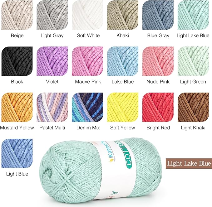 Katech Pure Cotton Yarn for Crocheting & Knitting–Soft Sport Weight CYC #2, 6 Skeins (50g Each, 300g Total), Ideal Crochet Yarn for Dishcloths, Baby Clothes, Socks, Scarves（Light Lake Blue）