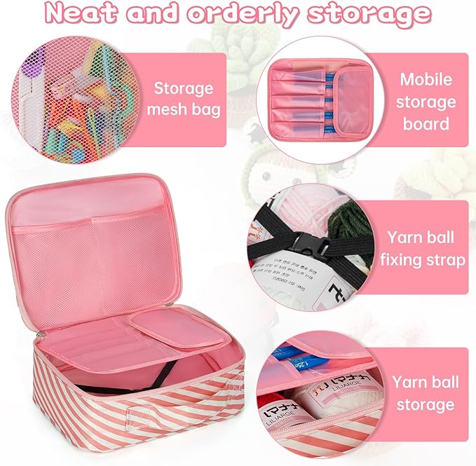 GMAK Crochet Kit for Beginners Adults, 59 PCS Crocheting Sets Include Yarn, Hooks and Tools, Portable Crochet Starter Kit for Making Variety Projects Crocheting Supplies, Pink Stripe